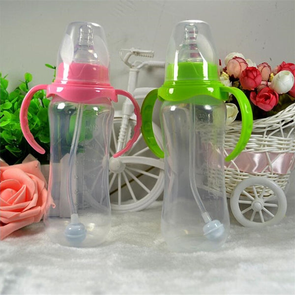 240ml Cute Baby bottle Infant Newborn Children Learn Feeding Drinking Handle Bottle Kids Straw Juice Water Bottles Training Cup