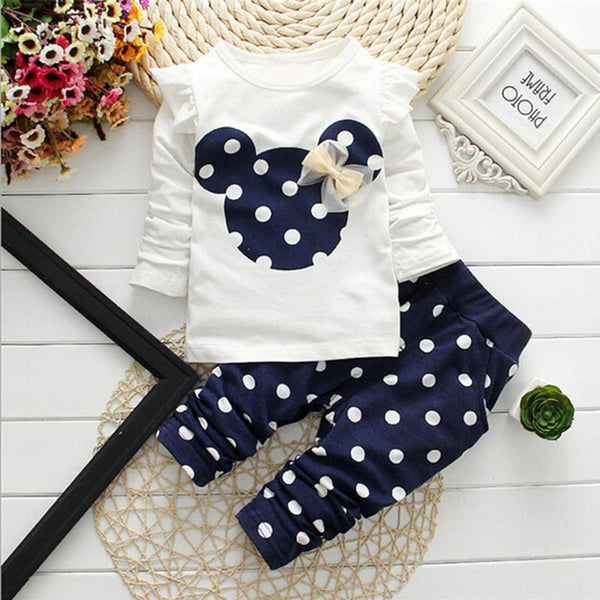 2017 new Spring children girls clothing sets mouse early autumn clothes bow tops t shirt leggings pants baby kids 2 pcs suit