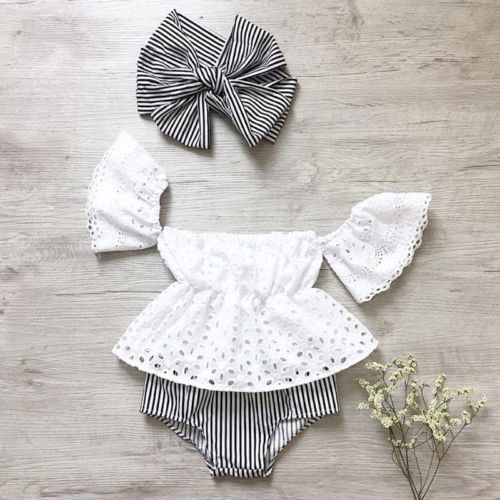 3pcs Toddler Baby Girl  Top +Stripe Shorts +headband 3Pcs Outfits set clothes