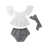 3pcs Toddler Baby Girl  Top +Stripe Shorts +headband 3Pcs Outfits set clothes