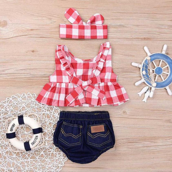 Summer baby girl clothing set Plaid Skirted T-shirt Tops+Denim Short Headband  baby girl clothes Newborn Outfits