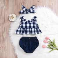 Summer baby girl clothing set Plaid Skirted T-shirt Tops+Denim Short Headband  baby girl clothes Newborn Outfits