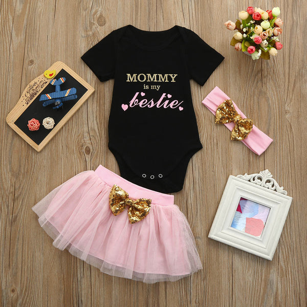 baby girl clothes  T-shirt+Pink tutu Skirt+Bow Headband baby