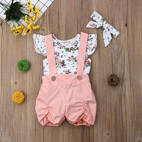3Pcs Baby Girl Clothes Kids Floral Romper+Bib Pants Overalls+Headband  0-18M