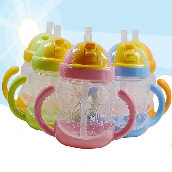5 Color 280ml Baby Bottle Kids Cup Silicone Sippy Children Training Cups Cute Baby Drinking Water Straw Handle Feeding Bottle