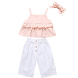 Baby Girls Kids Clothes Straps Ruffle Tops T Shirt+Pants+Headband Outfits Baby Set Bebek Giyim Vetement Enfant Fille