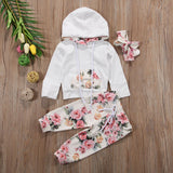 Floral Outfit Clothes Tracksuit Printed pocket hooded Sweater + Leggings Pants + Hair Band Set 0-2 Year